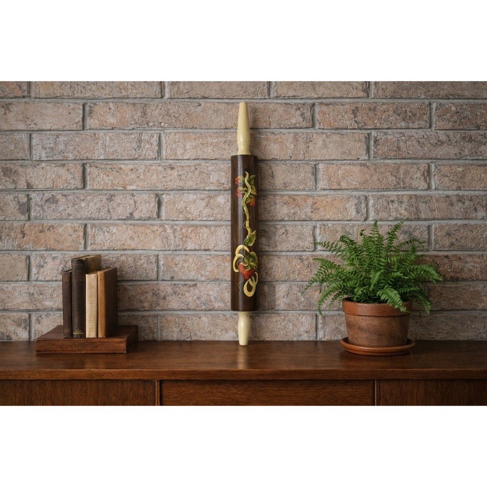 Primitive Hand Painted Wooden Rolling Pin Wall Hanging – Folk Art Strawberries - Picture 2 of 10